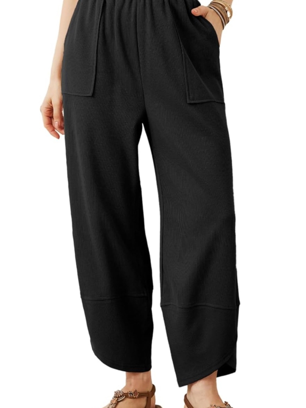 Amazon Black Cropped Wide-Leg Casual Pants with Patch Pockets